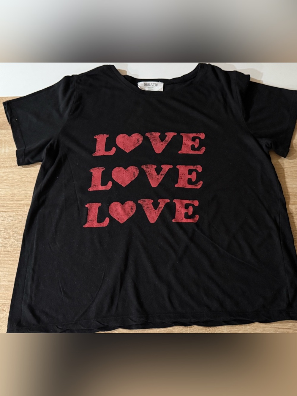 Double Zero Black Short Sleeve Tee with Red LOVE Graphic “Junior size large”